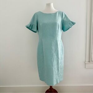 Talbots Blue Jacquard Brocade Midi Dress with Ruffle Sleeves Size 12